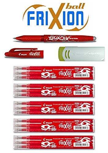Special Bonus Pack Pilot FriXion Ball Tintenroller [0,7] 15 Ersatzminen Nachfüllminen | 5 Set á 3 Stk rot + 1 Frixion Ball in rot und 1 Frixion original Remover in weiß