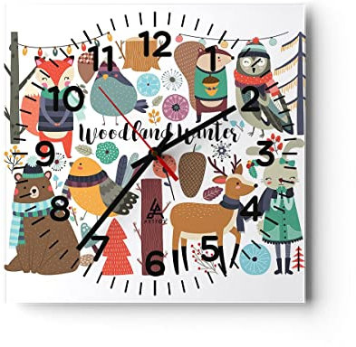 Modern Wanduhr Winter Baum Wald Tiere 30x30cm Quadrat Klein Wand Uhr Glas Analog Zimmeruhren Küche Büro Wohnzimmer Glasuhr Wall Clock Dekoration Design Wanddekoration Küchenuhr C4AC30x30-2926