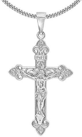 CLEVER SCHMUCK Set Silberner Anhänger großes INRI Kreuz 42 x 22 mm mit Jesus barockstil glänzend & Kette Panzer 50 cm lang Sterling Silber 925