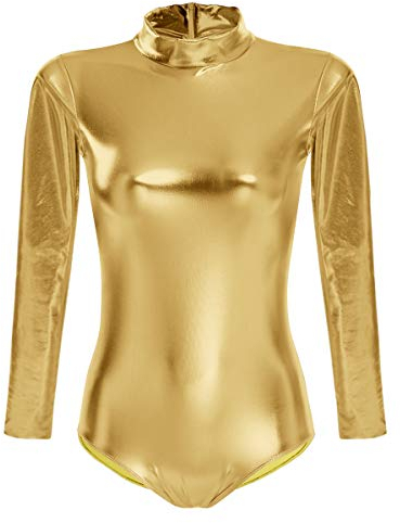 FYMNSI Damen Glänzende Ballettanzug Ballettbody Sport Tanz Body Gymnastikanzug Trikot Langarm Bodysuit Metallic Wetlook Einteiler Turnanzug Leotards Overall Lack Leder Oberteile Top Kostüm Gold L