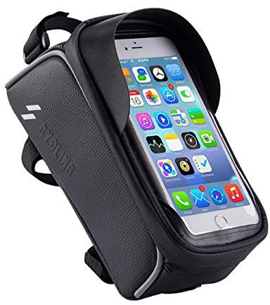 KUANDAR Bag Rahmentasche Fahrrad Gechartert Tasche Wasserdichter Reißverschluss Vorne Visier TPU Bildschirm Touch Glatter Kopfhörer Loch Design Geeignet Für Handys Innerhalb Von 6,0 Zoll, Black