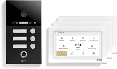 GVS - IP Video Türsprechanlage 3 Familienhaus mit Türöffner (RFID & Fingerprint), HD Kamera, 3X 7 Zoll Monitor & App - Smarte Video Türklingel mit Kamera & Gegensprechanlage (AVS4486A)