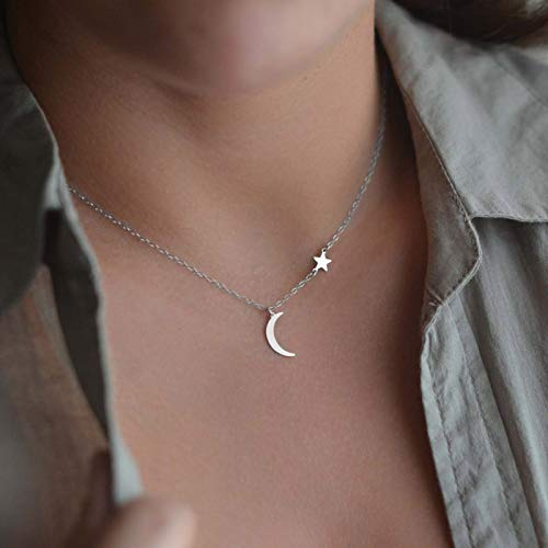 TseenYi Halskette mit Mond-Anhänger, winziger goldener Stern, Choker-Halskette, Boho-Kette, Schmuck für Damen und Mädchen, 1 Count (Pack of 1), Metall Silber