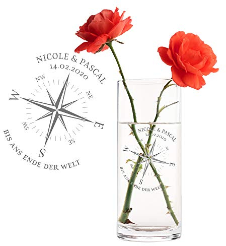 Casa Vivente Runde Blumenvase mit Gravur zur Hochzeit, Kompass Liebe, Personalisiert mit Namen und Datum, Hochzeitsgeschenke für Brautpaar