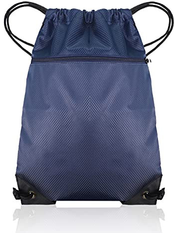 Popuppe Sac Tissu Cordon Imperméable Sac de Sport à Cordon Sac à Dos Plage Piscine pour Tout âge Sac Natation à Ficelle avec Poche Extérieure Zippée pour Sport, Gym, Natation, Voyage(Bleu Marin)