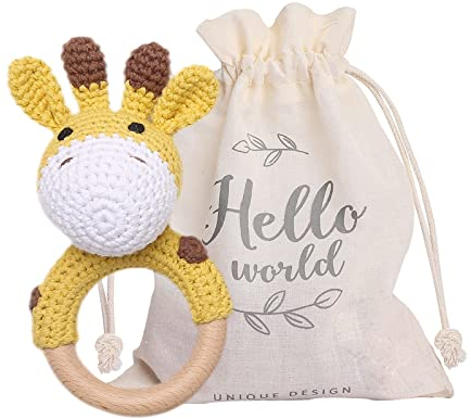Youuys Babyrassel Gehäkelte Holz Häkeln Tiere Greifling Baby Holz Rassel Baby mit Sound Handmade Rassel für Neugeborenes Baby Geschenk Junge und Mädchen Geschenk zur Geburt (Giraffe)