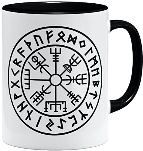 OM3® Vegvisir Compass Runen Tasse | Keramik Becher | 11oz 325ml | Sons of Odin Wikinger Nordic Warrior | Schwarz