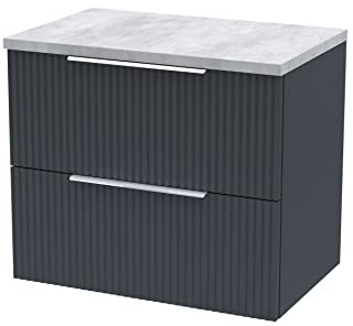 Hudson Reed DFF1493LBG Fluted Modern Bathroom Wall Hung 2 Drawer Vanity Unit with Bellato Grey Laminate Worktop, 600mm, Soft Black