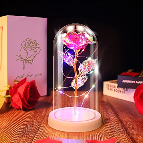 Ptesuply Lampada a forma di rosa La bella e la bestia con cupola in vetro, fiore artificiale con luce LED, regalo per donne e ragazze, per compleanno, festa della mamma, anniversario di Natale