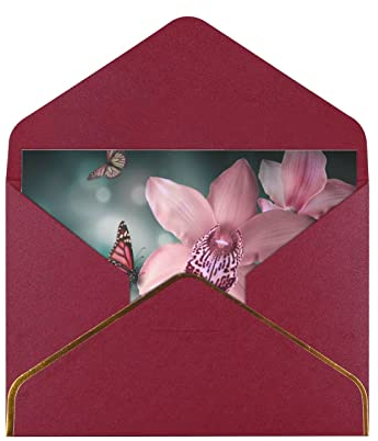 Dunkelrote Orchidee, Blume, Schmetterling, weich, frischer Frühling, goldener Rand, Perlenpapier, Grußkarte: für Geburtstag, Weihnachten, Valentinstag, Hochzeitstag, 15,2 x 11,4 cm