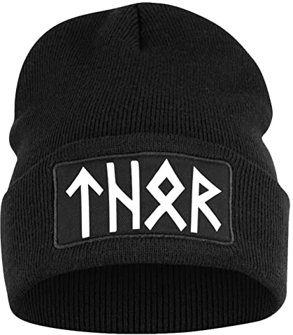 OM3 Beanie Mütze Wikinger Motive| Thor Runen | Strickmütze | Schwarz | Unisex