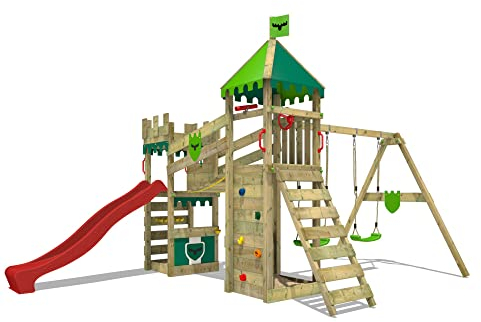 Fatmoose Spielturm Ritterburg RiverRun Royal mit Schaukel & roter Rutsche, Outdoor Kinder Kletterturm mit Sandkasten Leiter & Spiel-Zubehör für den Garten