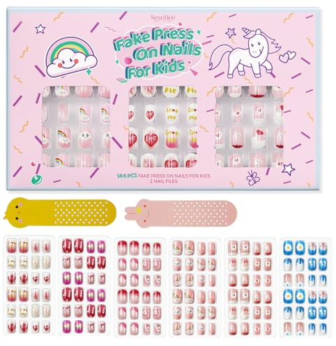 144Pcs 6 Pack Press on Nails for Kids Children Acrylic Fake Nails Pre-glue Full Cover Glitter Gradient Color Rainbow Weather Fruit Short False Nail Art Kits Sets Valentines Day Gifts for Kids Girls