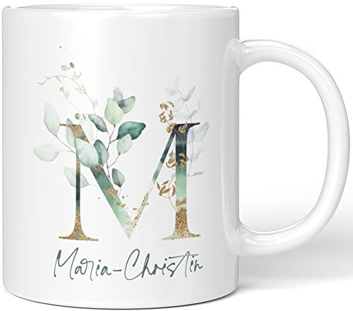 JUNIWORDS Tasse, Maria-Christin, Name Anfangsbuchstabe Initial Alphabet Floral Buchstabe M Monogramm Motiv, Weiß (5464562)