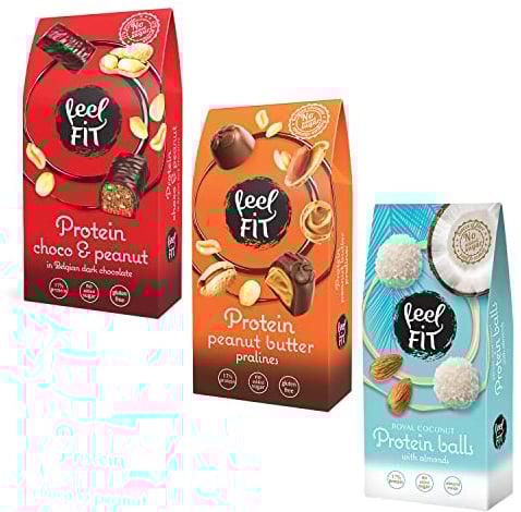 Feel FIT PROTEIN PRALINEN OHNE ZUCKERZUSATZ Mixbox: 2 x Kokosnuss mit ganzen Mandeln, 3 x Milchschokolade mit Erdnussbutter, 2 x Zartbitter-Haselnuss-Pralinen