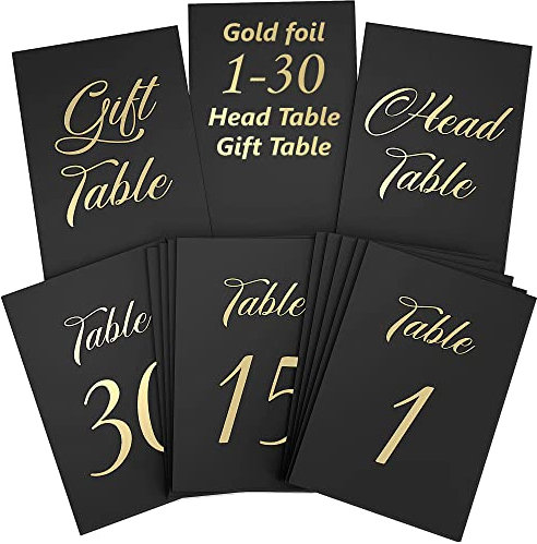 32 Stück Tischnummern Schwarz 1-30 - DIN A6 10x15 cm - Tischkarten Hochzeit - Goldfolie Zahlen - Hochzeitstischnummern Pappe - Head Gift Table - Schwarze Tisch Nummerierung - Karten für Feier