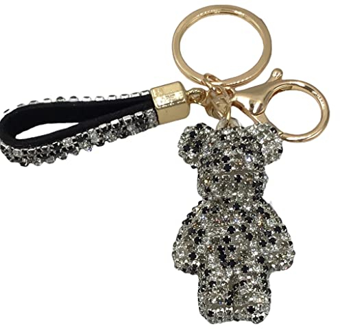 Steinfixx® Edler Glitzerbär Schlüsselanhänger mit Ring und Lederschlaufe | luxuriöses Geschenk | Cartoon | Strass (Schwarz-weiß)