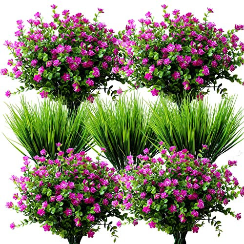 YXYQR 14pcs Artificial Flowers Outdoor UV Resistant Bulk Fake Plastic Plants Outside Indoor Hanging Baskets Faux Greenery Shrubs Arrangement for Pots Vase Porch Window Box Patio Decoration (Fushia)