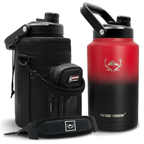 NATURE PIONEOR One Gallon Water Bottle Insulated - Large Double Vacuum Stainless Steel 128 oz Water Bottle with Holder/Carrier, 1 Gallon Water Jug,128oz, Wide Mouth