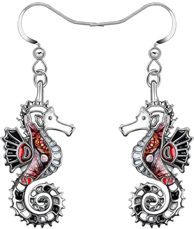 LONYOO Emaille Ozean Tiere Hai Ohrringe baumeln Zinklegierung Oktopus Qualle Wal Delphin Ohrringe für Frauen Mädchen Sommer Charms (Seepferdchen Ohrringe Schwarz)
