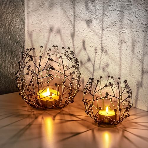 LOCALIS Teelichthalter Metall goldfarben 2er Set - 9,5 und 14 cm hoch - ideale Tischdeko Wohnzimmer Deko modern - Deko Fensterbank - Dekoration Wohnung modern - Kerzen Deko Set
