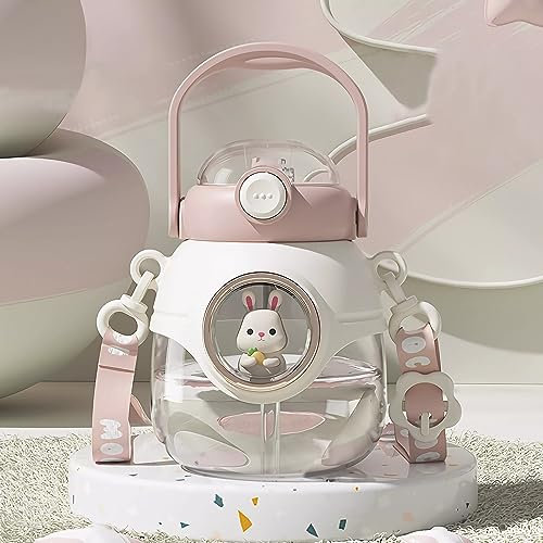 Yenergy Water Bottle with Straw 37oz Kawaii Water Bottles with Adjustable Strap for Women,Teen Girl School Office Gifts,Cute Animal Theme Water Bottles - White Rabbit
