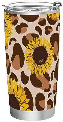 Borraccia termica con girasoli gialli su leopardo, con coperchi per cannucce, 590 ml, in acciaio inox, per fitness, palestra, campeggio, sport all'aria aperta