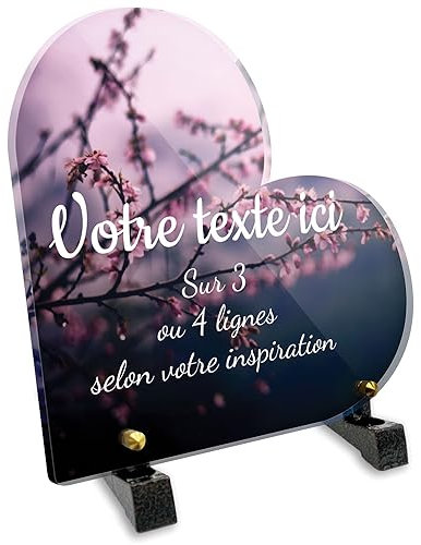 OCAP-FUNERAIRE.COM Plaque funéraire Coeur Personnalisable en plexi Motif Fleurs de Cerisier, différentes Tailles, épaisseur 6mm, personnalisée sur Plusieurs Lignes 15x15 cm