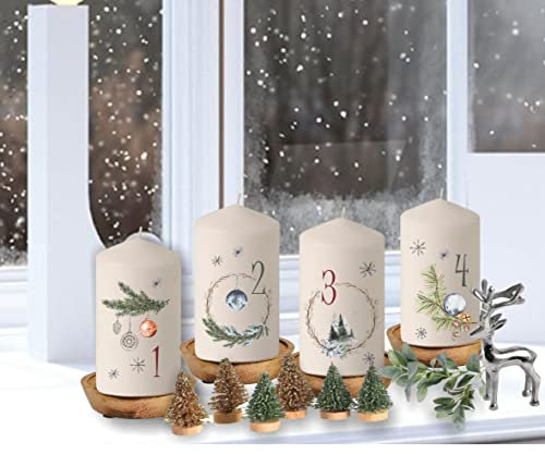 wolga-kreativ moderne bedruckte Adventskerzen Kerzen mit Zahlen Tannenbaum Glasschmuck Stumpenkerze-n Adventsset als Geschenk oder für eigenen Adventskranz
