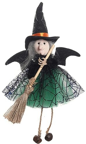 Fiorky Rock Kleine Hexenfigur weiches Tuch hält Besenstiel Halloween Horror Hexe Figur mit Gaze for Indoor Outdoor Party Bar Festivals (Grün)