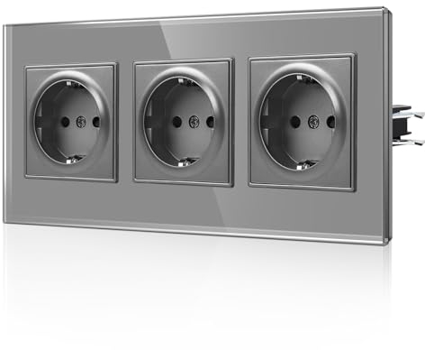 CNBINGO Enchufe Schuko con garras – Enchufe triple de pared con cristal – 16 A estándar de la UE enchufe empotrado con seguridad para niños – 3 enchufes gris