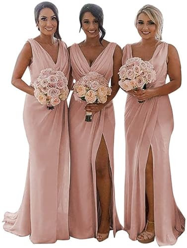 Robes de demoiselle d'honneur en mousseline de soie avec col en V bretelles spaghetti A-Line Sweep Train Robes de soirée pour invités de mariage, vieux rose, 36