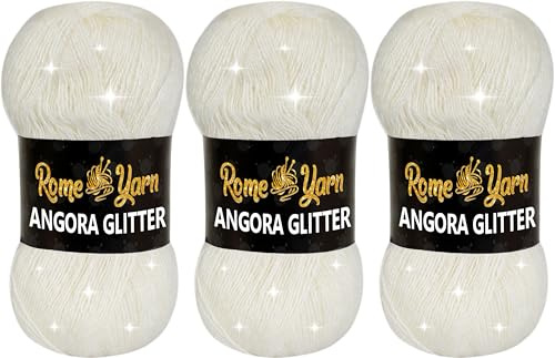 Rome Yarn Angora Glitter | 3 x 100g | Glitzerwolle | Wolle mit Glitzer | Metallic Simli Garn zum Stricken und Häkeln & Kleidung Effektwolle Strickwolle (13 Helles Creme)