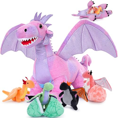 MorisMos 55cm Drache Kuscheltier XXL mit Baby im Bauch, Rosa Groß Plüschdrache Stofftier,Plüschtier Dragor Dragon Teddys Geschenk für Jungen