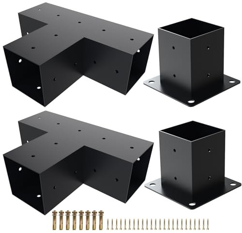 Kinchoix Lot de 2 supports de pergola surélevés en forme de T avec base de poteau pour poutres en bois de 8,9 x 8,9 cm, tonnelles, pergola, abris de jardin, 4 pièces