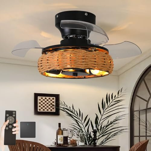20in Jaula De Hierro Ventilador Techo Con Luz Y Mando A Distancia, Lámpara Ventilador Techo Retro Aspas Retráctiles, Ventilador Ultra Silencioso Reversible 6 Velocidades Para Dormitorio-Hemp rope