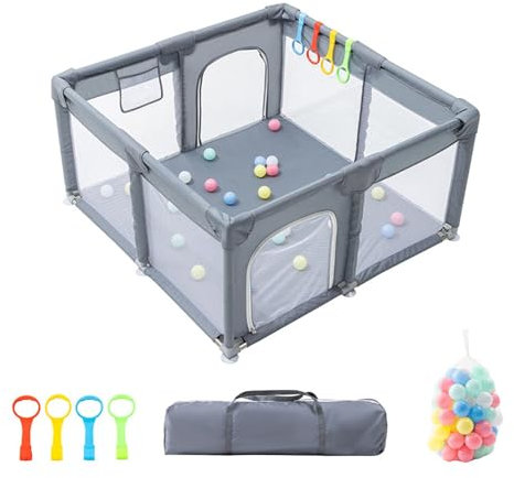 GLOKID Laufstall Baby 120 X 120cm, Laufgitter baby, große Sicherheitsspielplatz, mit Anti-Kollision Schaum Absperrgitter mit atmungsaktivem Netz, Einschließlich Ocean Balls y Pull Rings (XWL 1212)