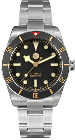 San Martin Herren Armbanduhr SN0138G 37mm 20Bar Taucheruhr NH35 Automatik Mechanisch Luxus Tauchen Wasserdicht BB54 Armbanduhr, Schwarzes Zifferblatt, Edelstahlarmband, Modern