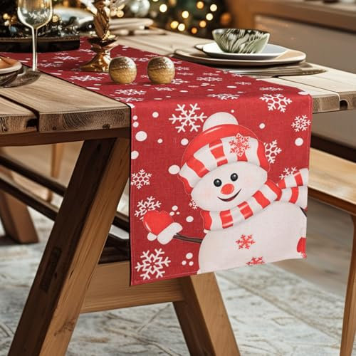 Tischläufer Weihnachten 35x180cm,Weihnachten Tischläufer Küche Tischdekorationen,Weihnachtsfeier Dekorationen-Schneemann & Schneeflocke auf rotem Hintergrund