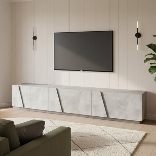 Dmora - TV-Schrank Lucas, niedriges Wohnzimmer-Sideboard, Fernsehständer-Basis, 100 % Made in Italy, 244 x 44 x 46 cm, dunkler Zement,