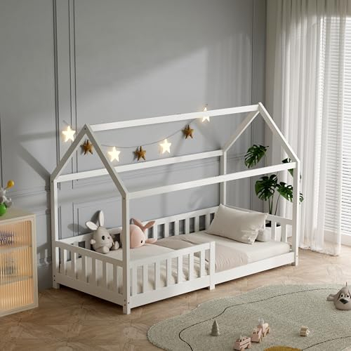 ecomi® Kinderbett 90x200 Bodenbett Kinder Bett Hausbett mit Rausfallschutz und Lattenrost für Kinder Kinderbetten für Mädchen und Jungen Massivholz Kiefer in Weiß