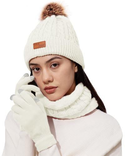 NHTJTHE Mütze Schal Handschuhe Damen Set,Winter Warm Beanie Mütze Touchscreen Handschuhe und Schal Set,Wintermütze Winterschal Winterhandschuhe (weiß)