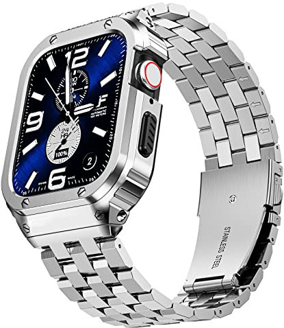 SUPLINK Stainless Steel Case and Band Compatible with Apple Watch Straps 38mm 40mm 41mm for Men, Metal Band Rugged Protector Cover for iWatch Apple Watch Series SE 9 8 7 6 5 4 3 2 1(Silver)