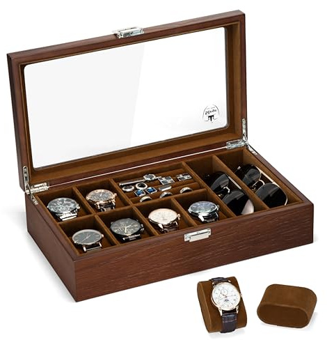 Slege Uhrenbox aus Holz mit 6 Fächer,Uhrenkasten Glasdeckel,Uhrenetui für Herren,Uhrenaufbewahrungsbox und Schmuckkästchen,Sonnenbrillenbox,Uhrenbox Organizer für Männer und Frauen,für Ringe,Ohrringe