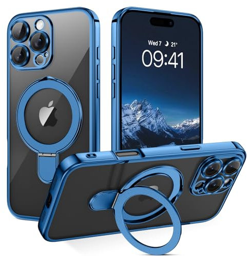 BENTOBEN Magnetic Case for iPhone 16 Pro Max [Compatible with Magsafe], Invisible Ring Stand Clear Back Soft TPU Plating Edge Military Grade Protection Shockproof Cover for iPhone 16 Pro Max,Dark Blue