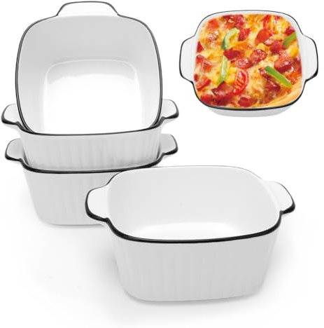 Juego de 4 moldes de cerámica para horno de 400 ml, cuadrados para horno, mini 14,5 x 11,5 x 5,5 cm, moldes de cerámica con asas, para freidora de aire caliente, horno, microondas (diseño acanalado)