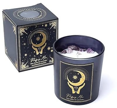 LivuX Manifestationskerze Reinigender Mond 20 Std. – Glas mit Edelsteinen, 8x7 cm, handgegossen aus Soja- & Palmwachs, Palo Santo & Lavendel Duft, Mondritualkerze & Entspannungskerze 120g 1272