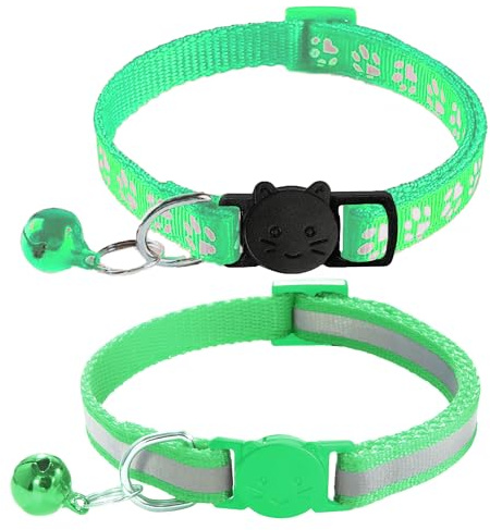zulinlong Katzenhalsbänder, reflektierend, mit Glöckchen, verstellbar von 19,1 bis 32,5 cm, ideales Kätzchenhalsband für Mädchen und Jungen, Hellgrün, 2 Stück