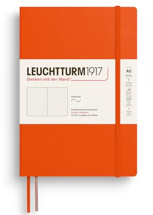 LEUCHTTURM1917 Notizbuch Medium A5, Softcover, gepunktet, Pumpkin | 123 nummerierte Seiten, Fadenheftung, chamoisfarbenes Papier, Falttasche