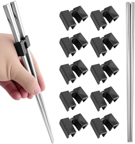 10 palillos y 1 par de palillos de acero inoxidable, ayudante para adultos y niños, entrenador de uso, entrenador reutilizable de plástico
